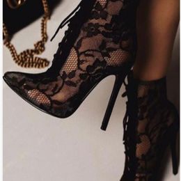 Dress Shoes Black Mature Mesh Women Boots High Heel Pumps Floral Lace-Up Thin High Heels Ankle Pointed Toed Party Wedding Shoes 230203