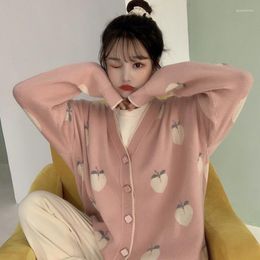 Women's Knits 2023 Spring Autumn Korean Peach Pattern Knitted Cardigan Sweater Sweet Girl Slim Outwear Fashion Loose Coats Female JD1602