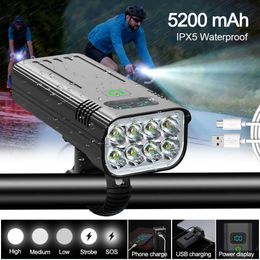 s Waterproof 8 LED Front Bike USB Rechargeable 5200mAh Battery Digital Power Display Bicycle Light 5 Modes MTB Cycling Lamp 0202