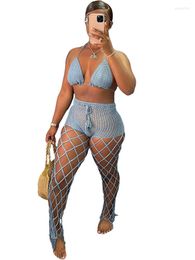 Women's Two Piece Pants 2023 Women Summer Tracksuit Set Sexy Hollow Out Bandage Bra Tops And Fishnet Long Female Beach Vacation Outfits