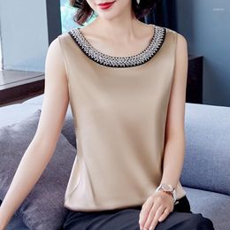 Women's Tanks Elegant Summer Women Satin Silk Tank Tops Camis Beaded Diamond Sleeveless Vest Female Ladies Work Shirt Blouse