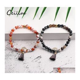 Beaded Strands Fashion Natural Agate Stone Beads Tassel Charm Bracelets Boho Statement Round Stainless Steel Bangles For Women Jewe Otcnk