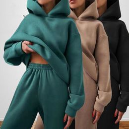 Women's Two Piece Pants Tracksuit Casual Solid Long Sleeve Hooded Sport Suits Autumn Warm Hoodie Sweatshirts And Pant Fleece Sets 230203
