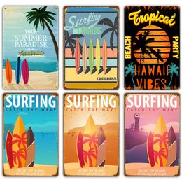Vintage Hawaii Surf Time Metal Painting Wall Art Painting Plate Seaside Beach Poster Plaque for Bar Pub Club Surf Shop Decor 20cmx30cm Woo