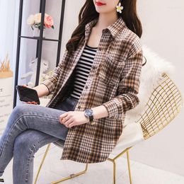 Women's Blouses Women 2023 Spring Autumn Turn-down Collar Plaid Casual Chic Daily Outwears Female Korean Style Streetwear Shirts S341