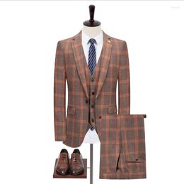 Men's Suits Spring Autumn Suit Men Three Pieces Plaid British Korean Version Slim Business Casual Leisure Wedding Drop Ship