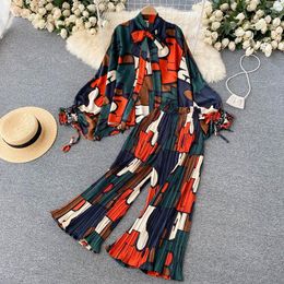 Women's Two Piece Pants Fashion Two-piece Women's Printed Shirt 2023 Spring Fall Female High Waist Trumpet Casual Niche 2-piece Sets