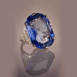 Solitaire Ring Luxury Blue Cubic Zirconia Wedding Rings for Women Silver Color Band Engagement Anniversary Party Lady's Fashion Jewelry Y2302