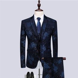 Men's Suits Brand Men's Wedding Wear 2023 Spring Flower 3-piece Suit And Pants Men Large Size 6XL Navy Blue Fashion Prom Stage Costume