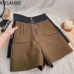 Women's Shorts KUSAHIKI Causal Woollen Suit Women Autumn Winter 2022 New Bottom Korean Elegant Zipper High Waist Wide Leg Short Feminina Y2302