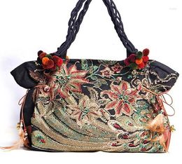 Evening Bags Original Ethnic Style Double Embroidered Women's Bag Fashion Green Peacock Canvas Handmade Sequins Shoulder