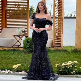 Black Mermaid Prom Dresses Strapless Sequined Evening Gowns Off The Shoulder Neckline Floor Length Special Occasion Formal Wear