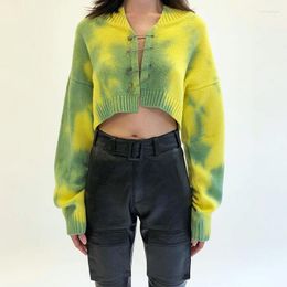 Women's Knits & Tees Tie-Dye Knit Safety Pin Sweater Yellow Green Tie Dye Cropped Cardigan For Women E-girl Fall Winter Outfits / Mich22