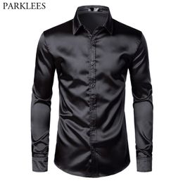 Men's Casual Shirts Black Satin Luxury Dress Silk Smooth Men Tuxedo Slim Fit Wedding Party Prom Chemise Homme 230202