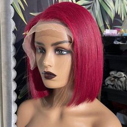 Brazilian Remy Bone Straight 13x4 Lace Front Wig Short Bob 99J Colored Human Hair Wigs T Part For Women