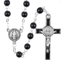 Chains St Benedict Rosaries 6mm Black Glass Beads Religious Cross Necklace Catholic Jesus Rosary