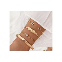 Charm Bracelets Fashion Jewellery Bracelet Set Metal Feather Rhinstone Bangle Chain 4Pcs Drop Delivery Dhlh7