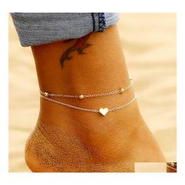 Link Chain Heart Charm Bead Ankle Bracelet Summer Beach Dainty Stainless Steel Layered Beaded Bracelets Anklet Drop Delivery Jewellery Otkra