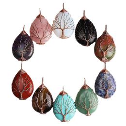 Pendant Necklaces Natural Stone Healing Crystal Tree Of Life Charms Waterdrop Pendants Rose Quartz Copper Wire Wrapped Trend Dhgarden Dht3I