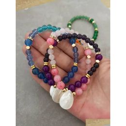 Beaded Natural Stone Bracelet Strands With White Drop Shell Gemstone Stretch Bangle For Women Jewelry Delivery Bracelets Dh6Vx