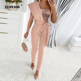 Women's Jumpsuits Rompers Autumn Fashion Short Sleeves Patchwork Party Jumpsuit Women's Sexy One Shoulder Sequins Casual Skinny Jumpsuits Elegant Overalls 230203