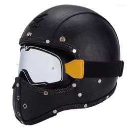 Motorcycle Helmets Vintage Black Leather Helmet ABS Shockproof Full Face Motocross OFF-road Motorbike Protective Gear