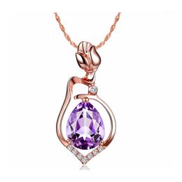 Pendant Necklaces Amethyst Womens Necklace Rose Gold Flower Crystal Short Jewellery Pendants Collarbone Chain Accessories Drop Delivery Dhyxe