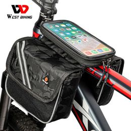 Panniers s WEST BIKING Reflective Bicycle 6.5 inch Phone Rainproof Front Frame Bag Sensitive Touch Screen MTB Road Bike Accessories 0201