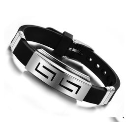 Charm Bracelets Bracelet Bangle Mens Black Punk Rubber Beautifly Stainless Steel Wristband Clasp Cuff Drop Delivery Jewelry Dhetl