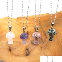 Pendant Necklaces Mini Mushroom Natural Stone Carving Reiki Healing Crystals Rose Quartz Necklace For Women Jewellery Wholesal Dhgarden Dhsnj