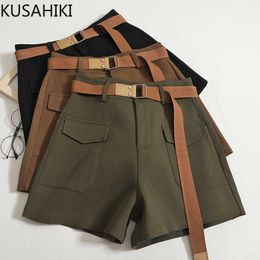 Women's Shorts KUSAHIKI 2022 Autumn Safari Style Women Korean Causal Wide Leg Short with Belt Fashion Solid Bottoms Pantalones De Mujer Y2302