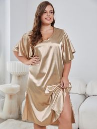 Plus size Dresses Fashion Summer Night Dress for Women V Neck Short Sleeve High Split Sexxy Nightie Woman Loose Sleepwear Women's Pyjamas 230203