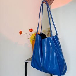 Evening Bags Blue Patent Leather Women Shoulder Bag Large Capacity Ladies Casual Tote Top Handle Female Simple Design Purse Handbags 230203