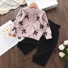 Clothing Sets Melario Girls Clothes Cardigan Winter Bow Baby Sweatshirt Pants 2pcs Set Children Knitting Tops Kids Outfits Xmas 26Year 230203