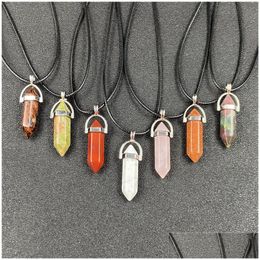 Pendant Necklaces Healing Crystal Natural Stone Pillar Shape Charms Turquoise Tiger Eye Green Rose Quartz Rope Chain Wholesa Dhgarden Dh9Dl