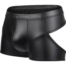 Underpants Imitation Leather Men Boxers Low Waist Sexy Lacquered Mens Underwear Hollow Out Hip Stage Costume Erotic Pants