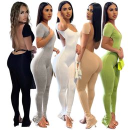 Women's Jumpsuits Rompers Echoine Women Solid Backless Slit Flared Long Pants bodysuits Short Sleeve Jumpsuits Fasion Sexy Club Party overalls 230203