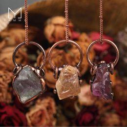 Pendant Necklaces Natural Citrine Amethyst Fluorite Irregular Crystal Bronze Material Connector Necklace Jewellery Contains The Chain