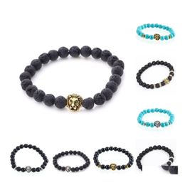 Charm Bracelets Charms For Men Plated Buddha Leo Lion Head Bracelet Black Lava Natural Stone Beaded Drop Delivery Jewellery Dhkxq