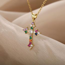 Chains Cute Multicolor Zircon Cross Necklace For Women Stainless Steel Chain Jesus Choker Necklaces Jewellery Drop