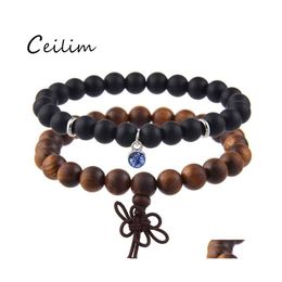 Link Chain 2Pcs/Set Wooden Beads Bracelet Charm Birthstone 12 Colors Crystal Pendant Stainless Steel 8Mm Black Matte Stone For Wome Otpmu