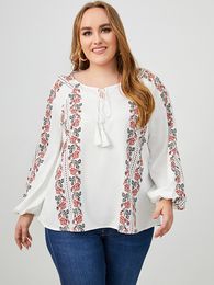 Women's Plus Size T-Shirt Summer Long Sleeve Blouse Shirt Women Floral Print White Casual Boho Blouse Plus Size Ladies Tops 230203