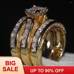Wedding Rings Handmade Jewellery 3-in-1 Engagement Ring Zircon Cz Yellow Gold Silver Colour Band Set For Women Men