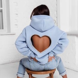 Women's Hoodies Sweatshirts Women Fashion Diamonds Splicing Sweet Love Cutout Open Back Long Sleeve Thick Warm Oversized Pullover Hooded Sweatshirt 230202