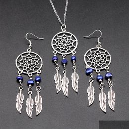 Earrings Necklace 3Pcs Women Sier Pearl Feather Dream Catcher Pendant Set Freshwater Jewellery Family Friend Gift Drop Delivery Sets Dhoth