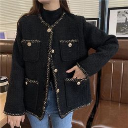 Womens Jackets Fashion Tweed Loose Casual Long Sleeve Multi Pocket Versatile Ladies Black Outerwear 230203