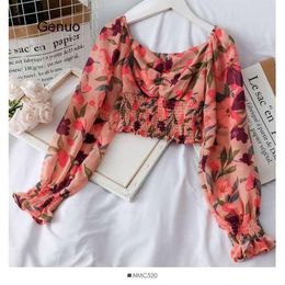 Women's Blouses & Shirts Wooden Ear Print Blouse Holiday Beach Style Slim Fit Pleat Blusas Square Collar Off Shoulder Chiffon Shirt 48982