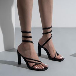 Sandals Summer Women High Heels Flip Flop Sexy Pumps Chunky Square Head Tie Fashion One Word Snake Party Luxury Shoes