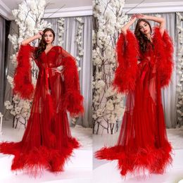 Women's Sleepwear Elegant Women Night Gown Custom Made Long Feather Sleeve V Neck Robe With Belt For Po Bath Wear Pajamas