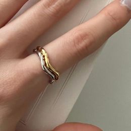 Cluster Rings 925 Sterling Silver Ring Wavy Glossy Open Adjustable 14k Gold Plated Minimalist